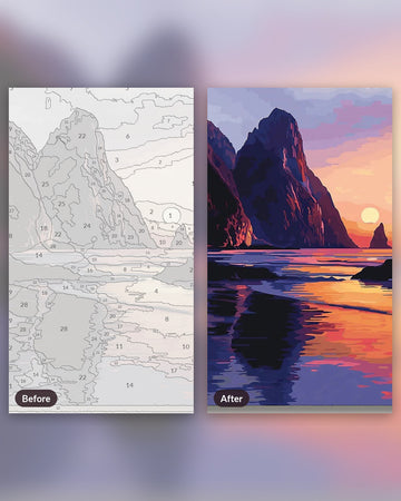Coastal Embrace paint by numbers kit, before and after