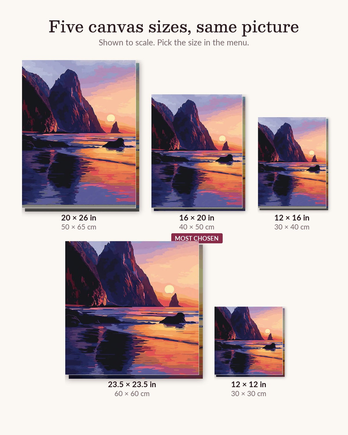 Coastal Embrace canvas sizes from 12 x 12 to 23.5 x 23.5 inches