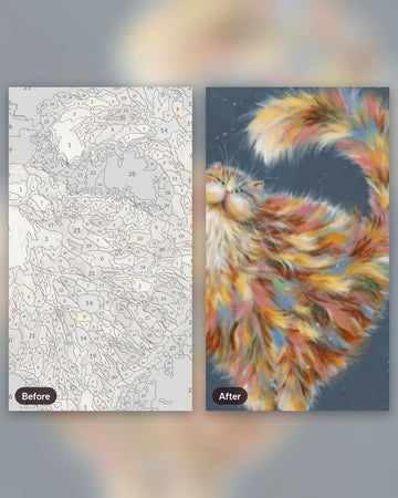 Whimsical Fluffy Cat of Many Colors paint by numbers kit, before and after