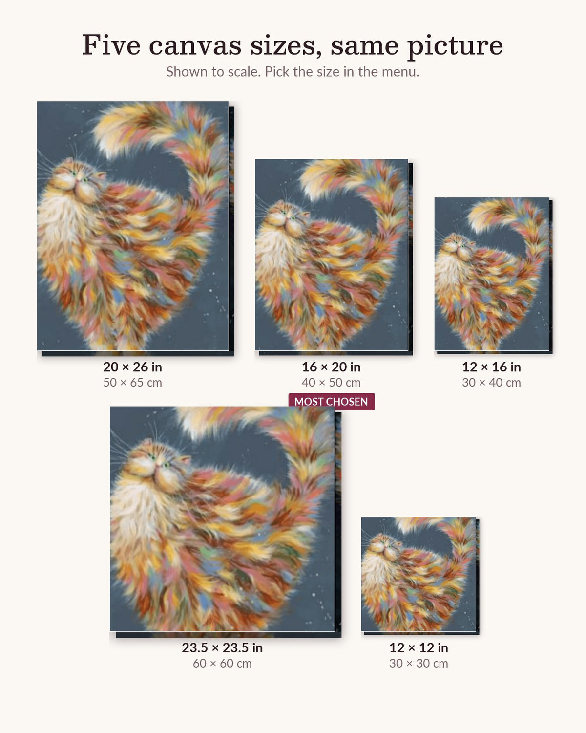 Whimsical Fluffy Cat of Many Colors canvas sizes from 12 x 12 to 23.5 x 23.5 inches