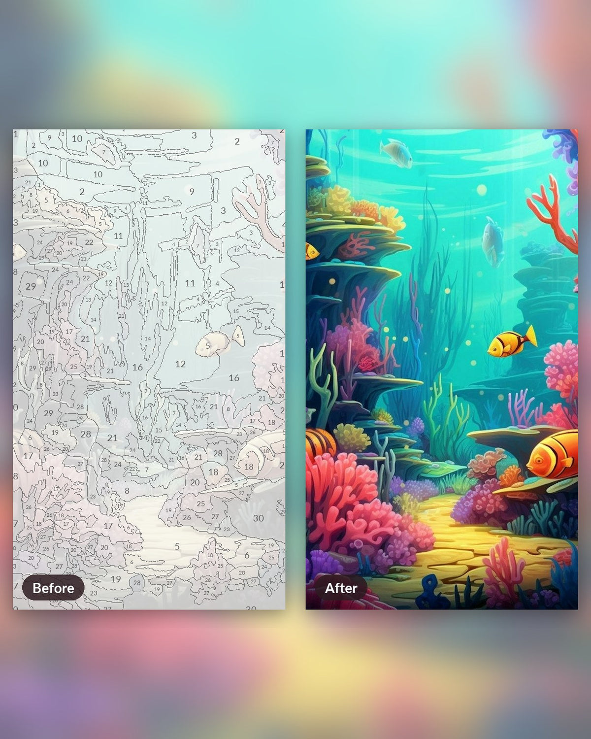 Whimsical Ocean World paint by numbers kit, before and after