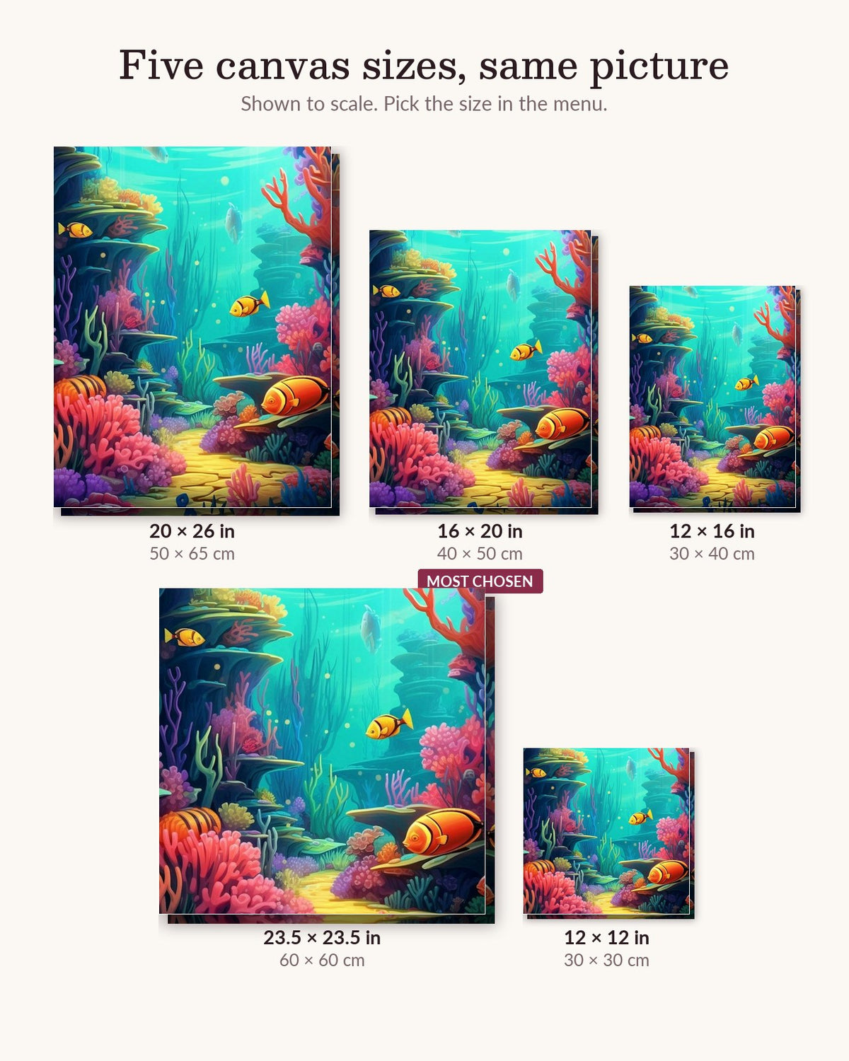 Whimsical Ocean World canvas sizes from 12 x 12 to 23.5 x 23.5 inches