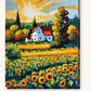 White Farmhouse among Sunflowers paint by numbers kit on stretched canvas