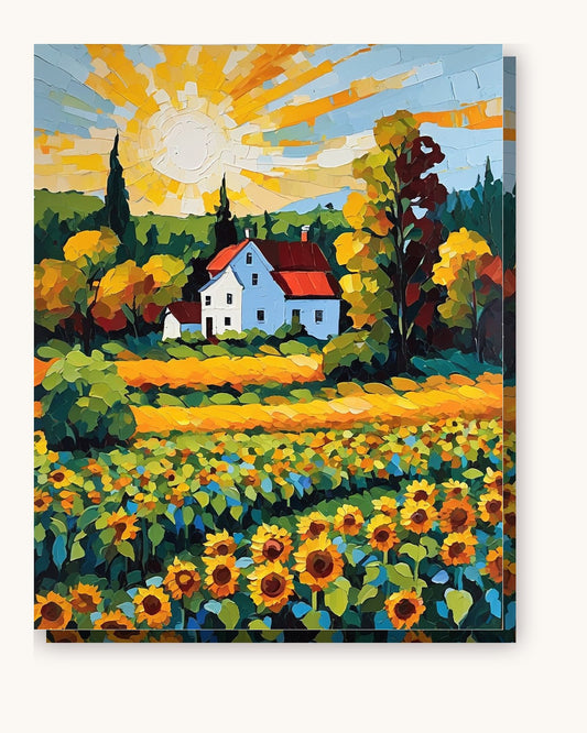 White Farmhouse among Sunflowers paint by numbers kit on stretched canvas
