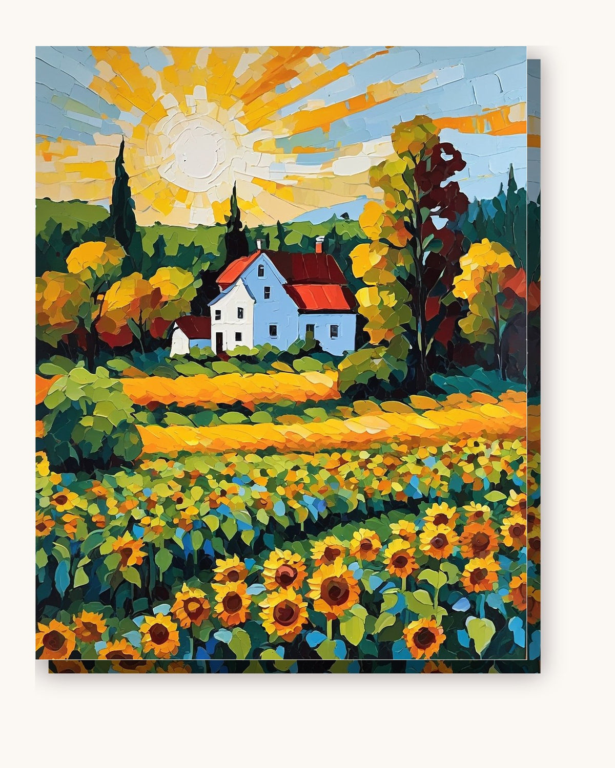 White Farmhouse among Sunflowers paint by numbers kit on stretched canvas