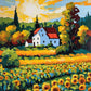white farmhouse with a red roof behind a field of sunflowers and a yellow sunburst sky, paint by numbers kit