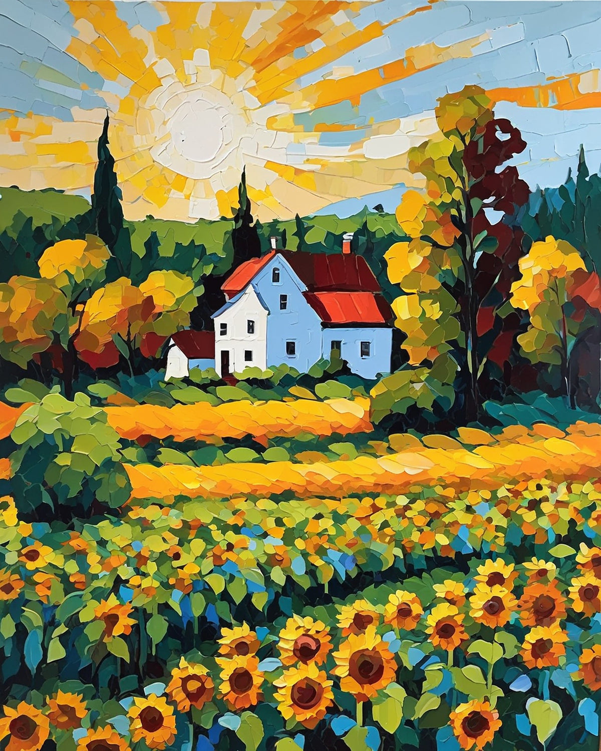 white farmhouse with a red roof behind a field of sunflowers and a yellow sunburst sky, paint by numbers kit