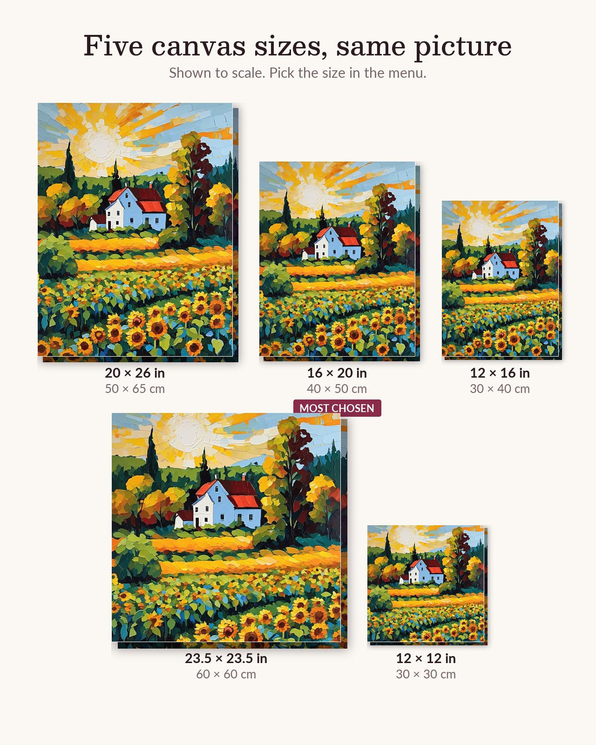 White Farmhouse among Sunflowers canvas sizes from 12 x 12 to 23.5 x 23.5 inches