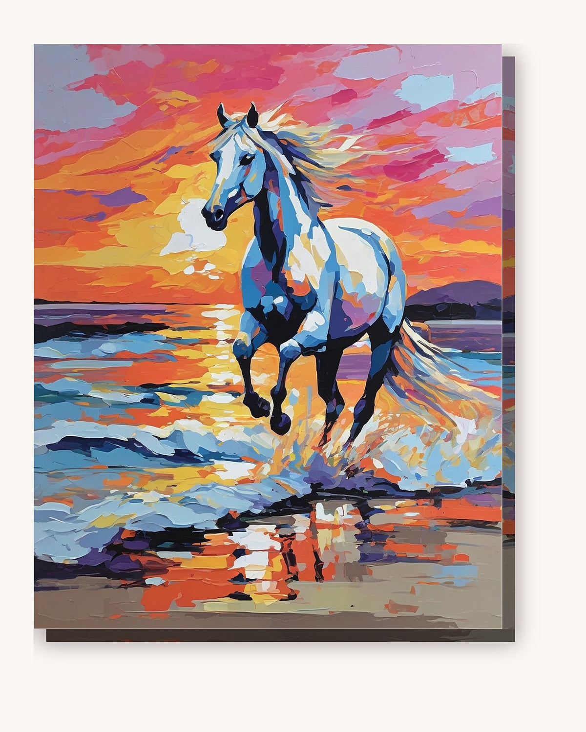 White Horse on the Beach at Sunset paint by numbers kit on stretched canvas