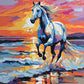 white horse galloping through shallow waves on a beach under an orange and pink sunset sky, paint by numbers kit