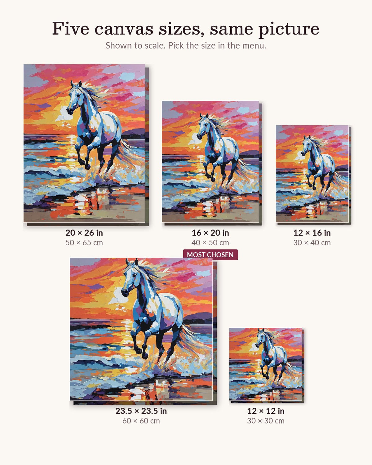 White Horse on the Beach at Sunset canvas sizes from 12 x 12 to 23.5 x 23.5 inches