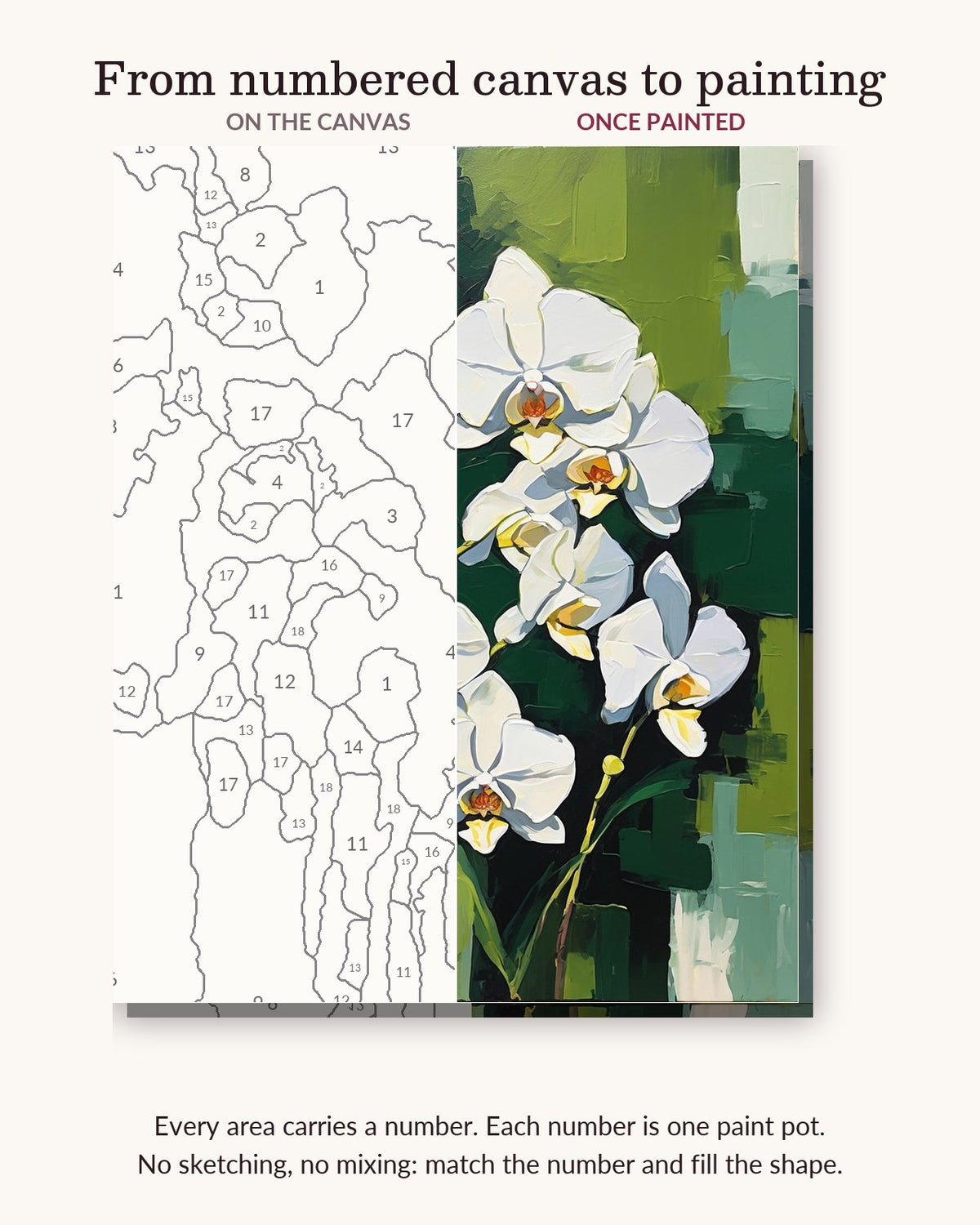 White Orchids on Green Stems numbered canvas next to the finished painting