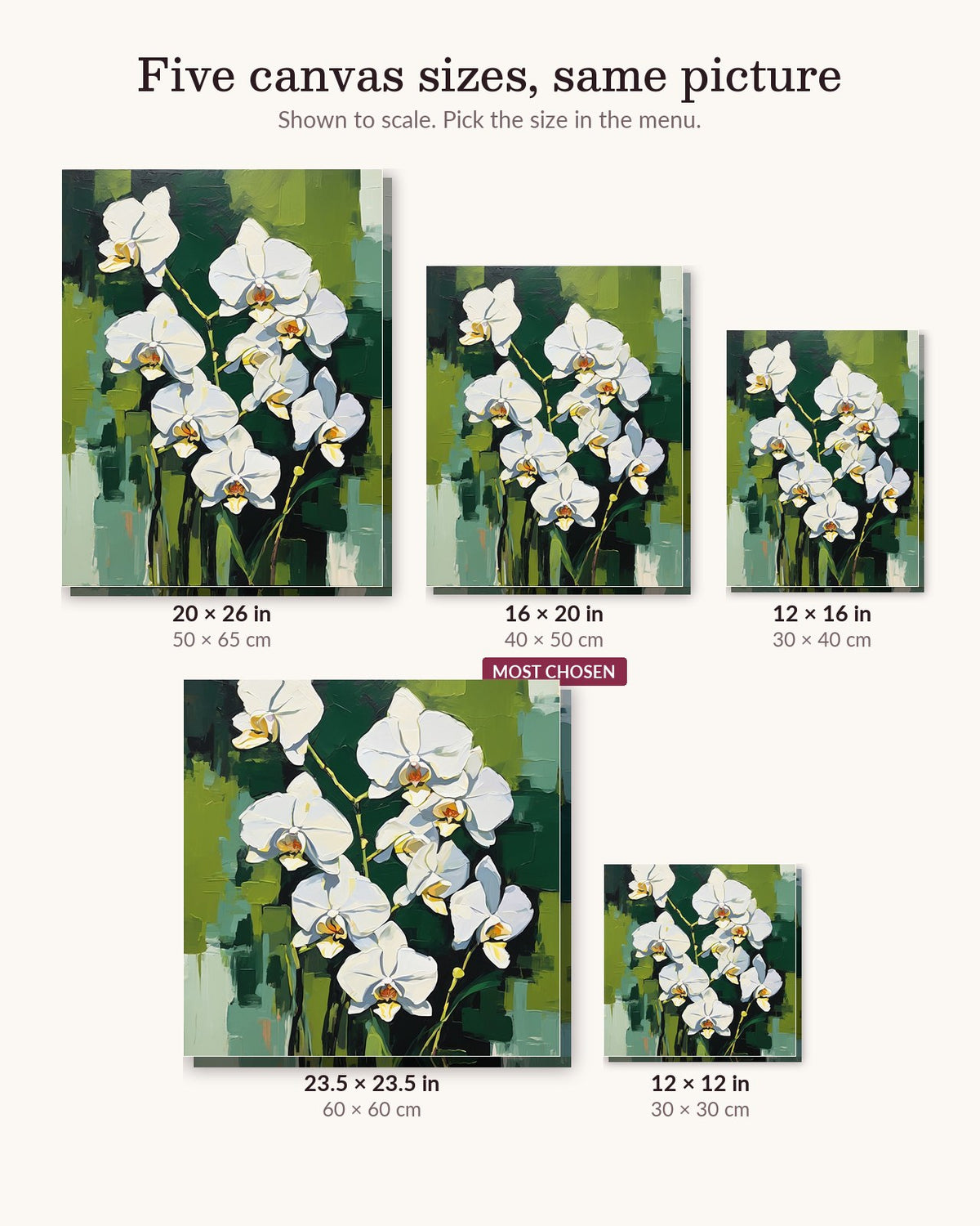 White Orchids on Green Stems canvas sizes from 12 x 12 to 23.5 x 23.5 inches