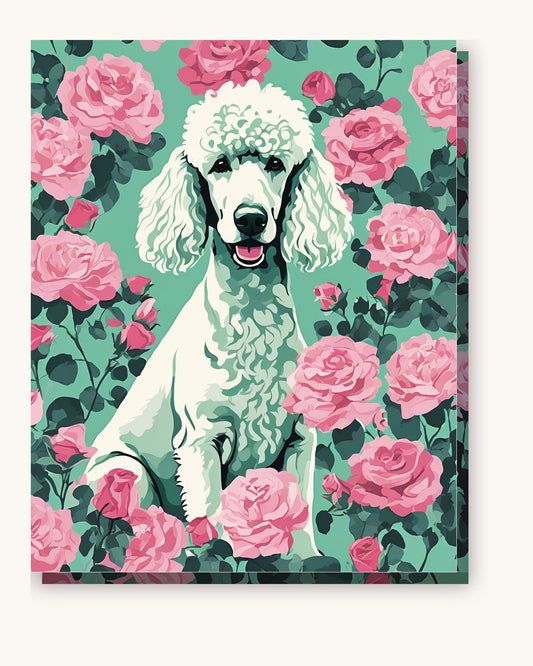 White Poodle with Pink Roses paint by numbers kit on stretched canvas