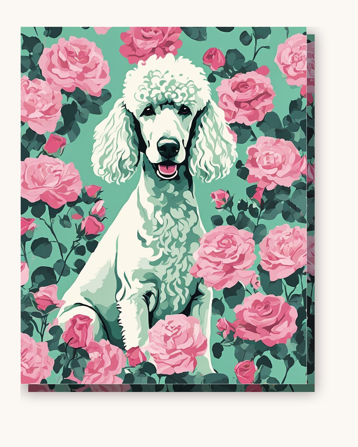 White Poodle with Pink Roses paint by numbers kit on stretched canvas