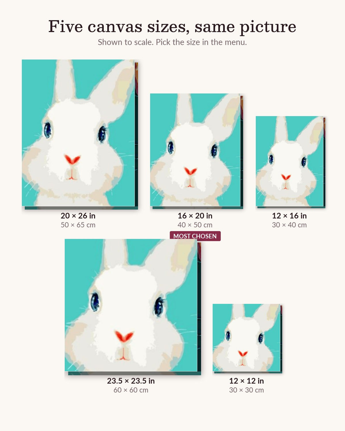 White Rabbit canvas sizes from 12 x 12 to 23.5 x 23.5 inches