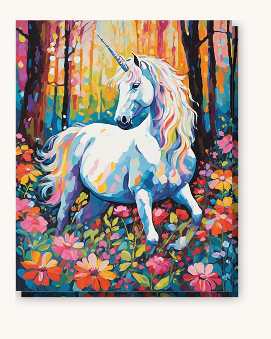 White Unicorn among Wildflowers paint by numbers kit on stretched canvas