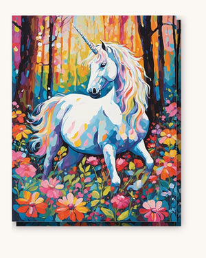 White Unicorn among Wildflowers paint by numbers kit on stretched canvas