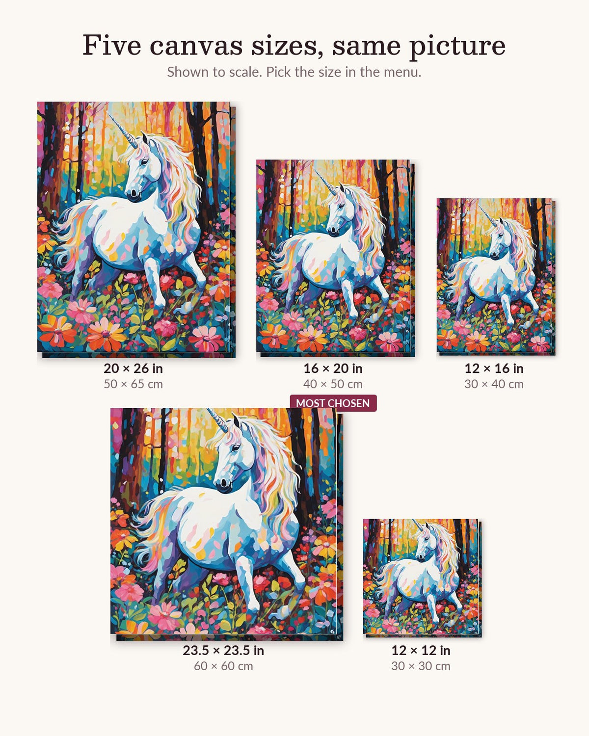 White Unicorn among Wildflowers canvas sizes from 12 x 12 to 23.5 x 23.5 inches