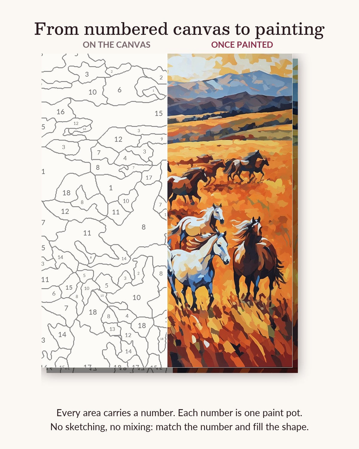 Wild Horses on the Golden Prairie numbered canvas next to the finished painting