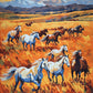 wild horses running on a golden prairie paint by numbers kit, white and chestnut horses with blue mountains