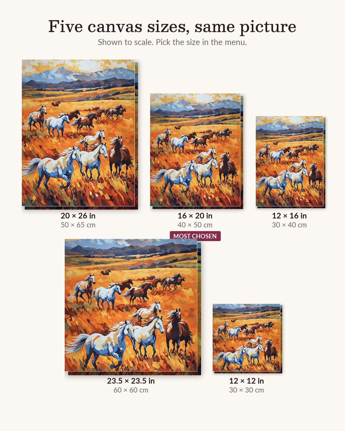 Wild Horses on the Golden Prairie canvas sizes from 12 x 12 to 23.5 x 23.5 inches