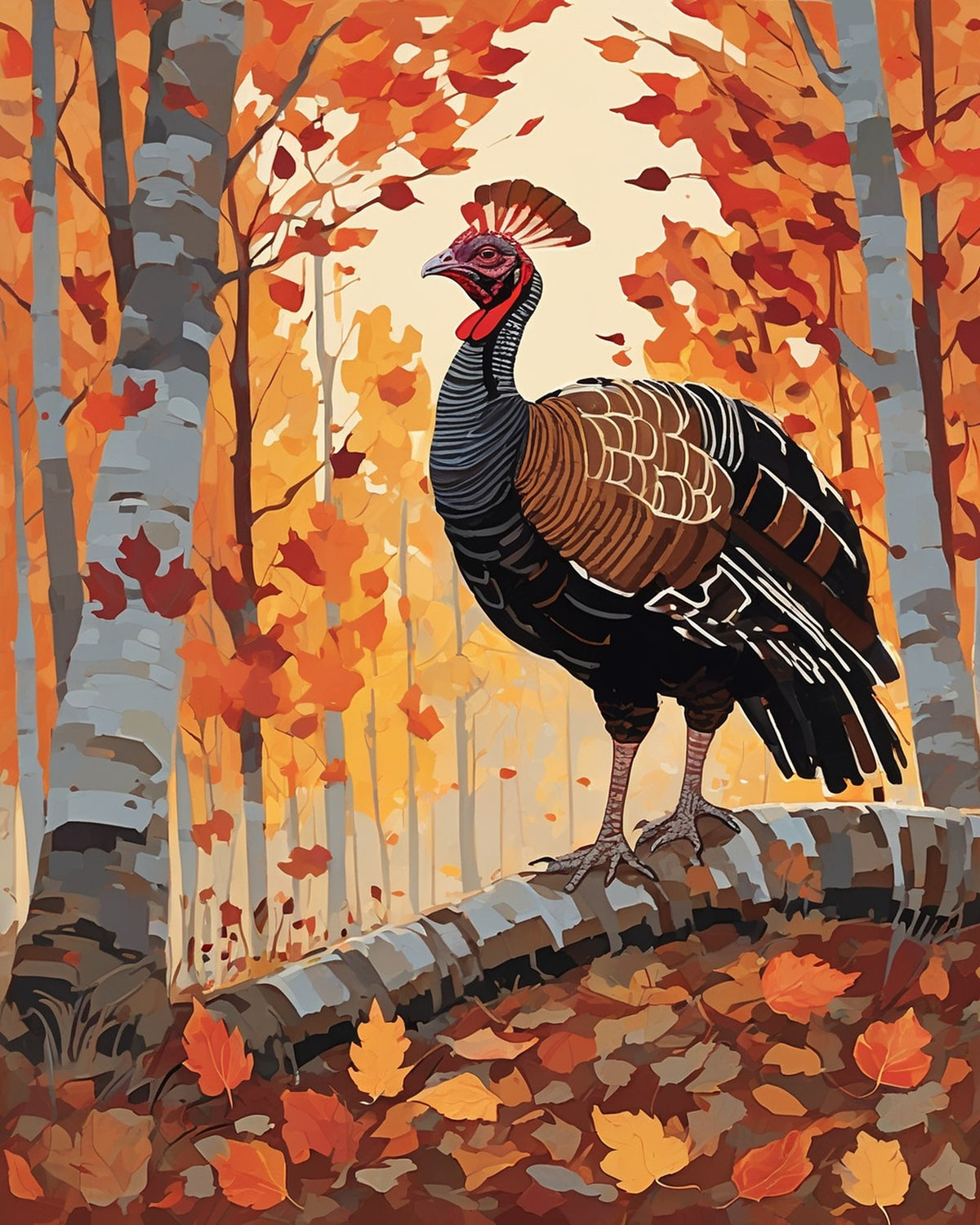 Wild Turkey in the Autumn Woods paint by numbers kit, turkey with fanned feathers among fallen leaves
