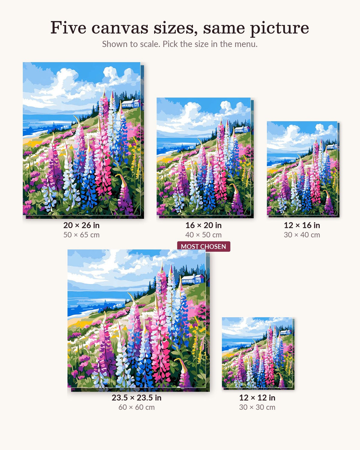 Wildflower Coastal Bluff canvas sizes from 12 x 12 to 23.5 x 23.5 inches