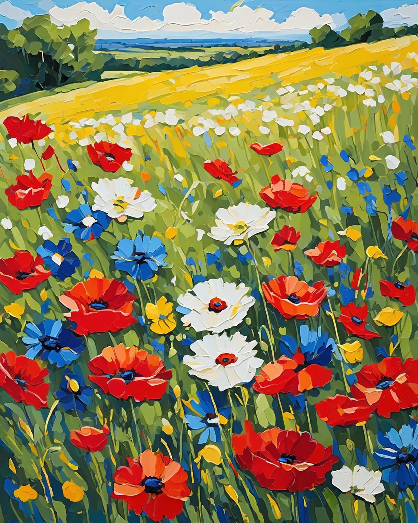 Wildflower Meadow paint by numbers kit, field of red poppies, blue cornflowers and daisies