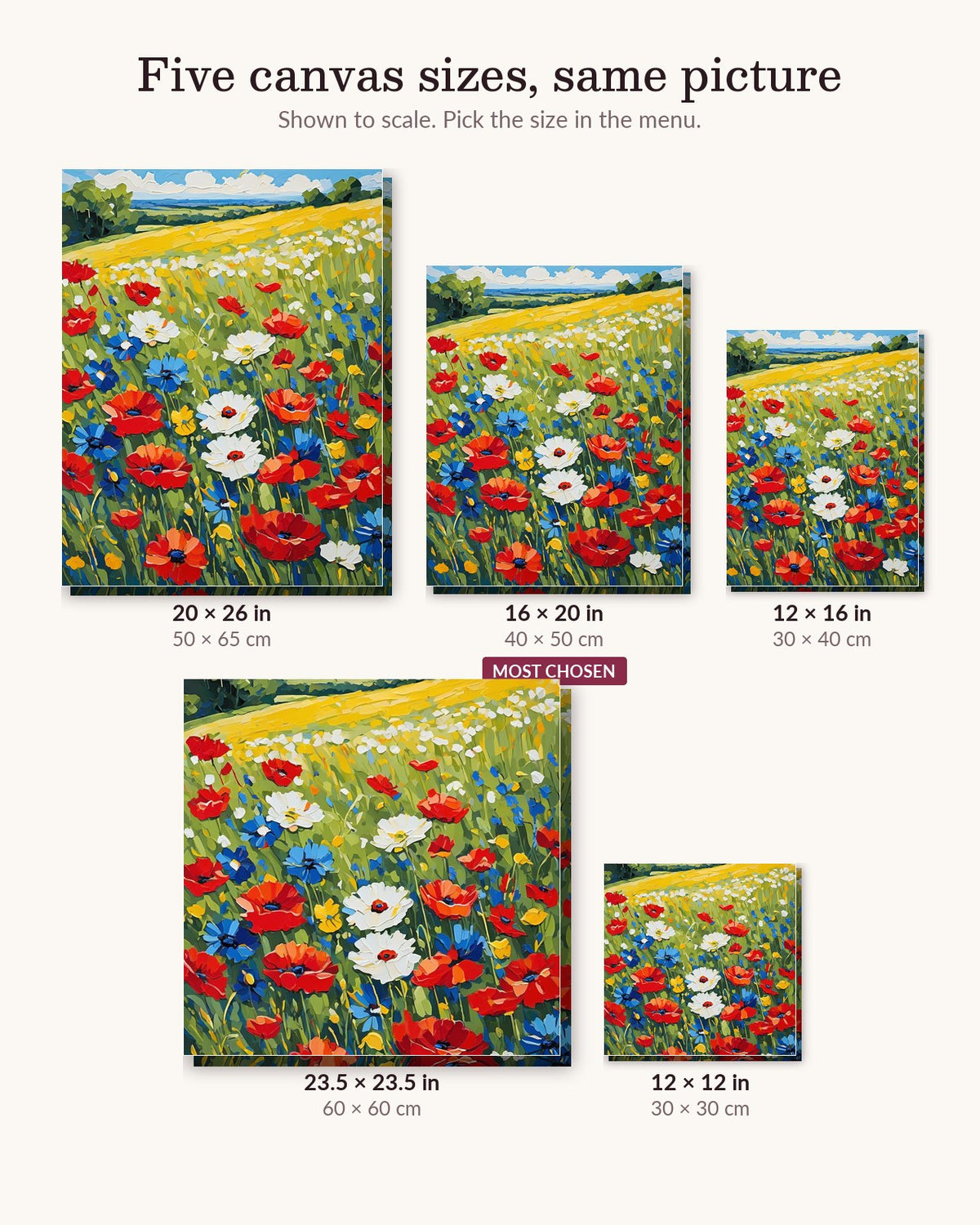 Wildflower Meadow canvas sizes from 12 x 12 to 23.5 x 23.5 inches