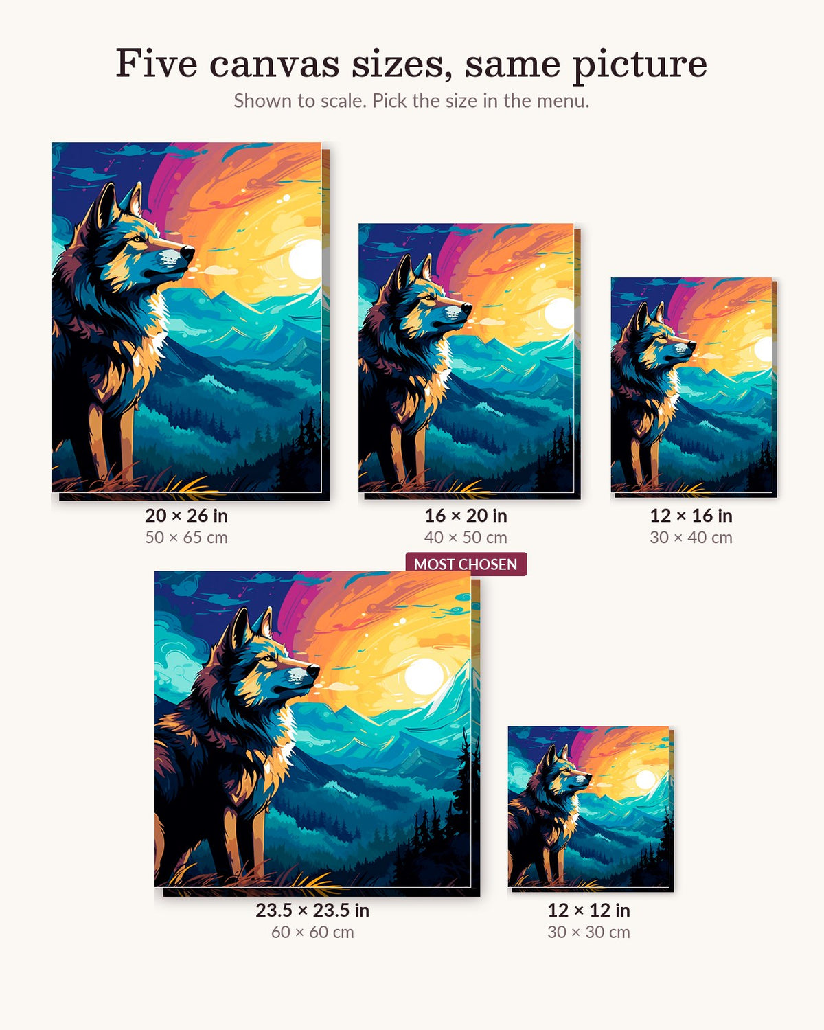 Wildland Wolf canvas sizes from 12 x 12 to 23.5 x 23.5 inches