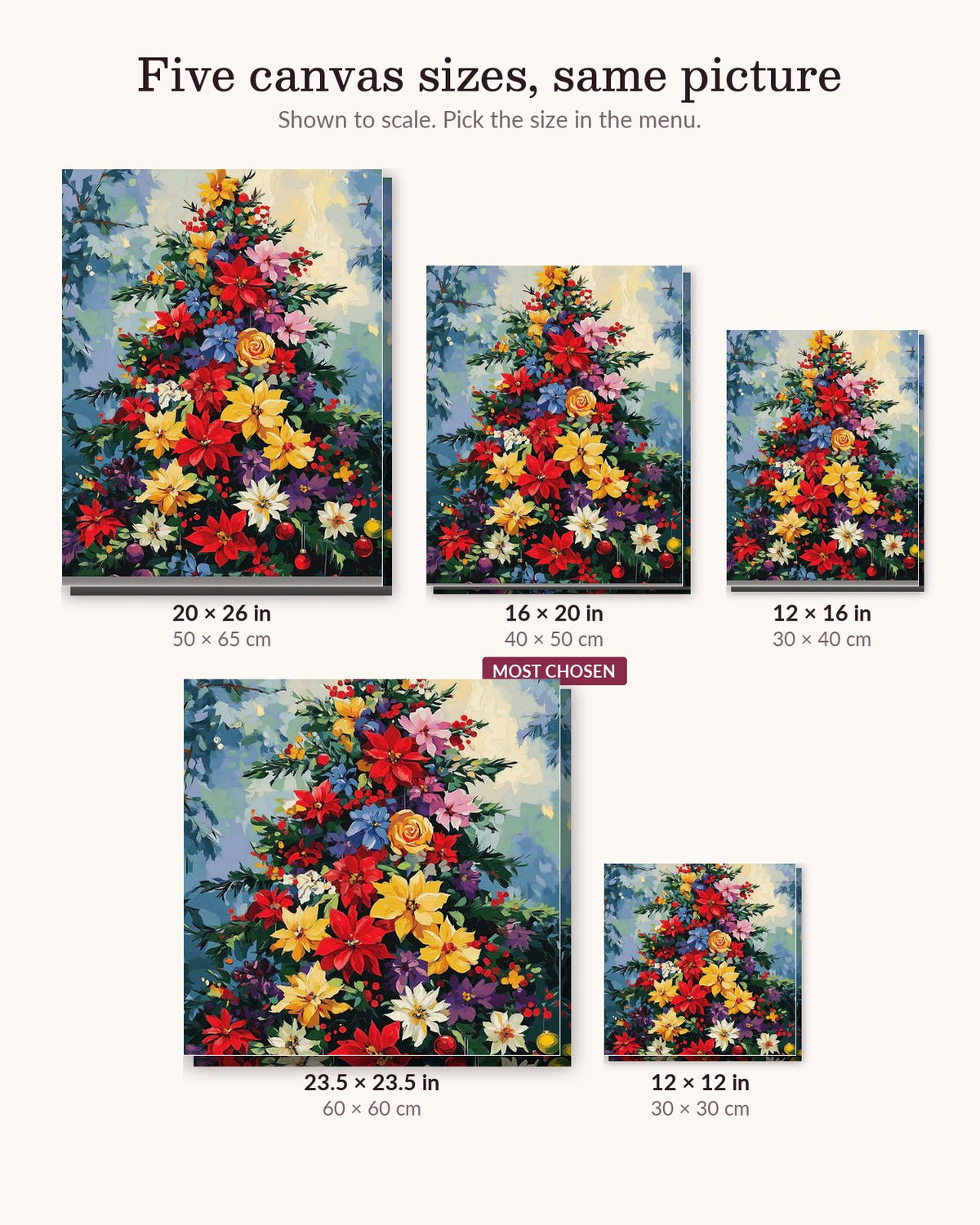 Winter Florals canvas sizes from 12 x 12 to 23.5 x 23.5 inches