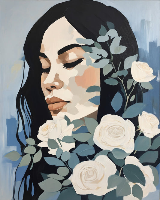 Winter Rose Maiden paint by numbers kit, woman with white roses in her dark hair