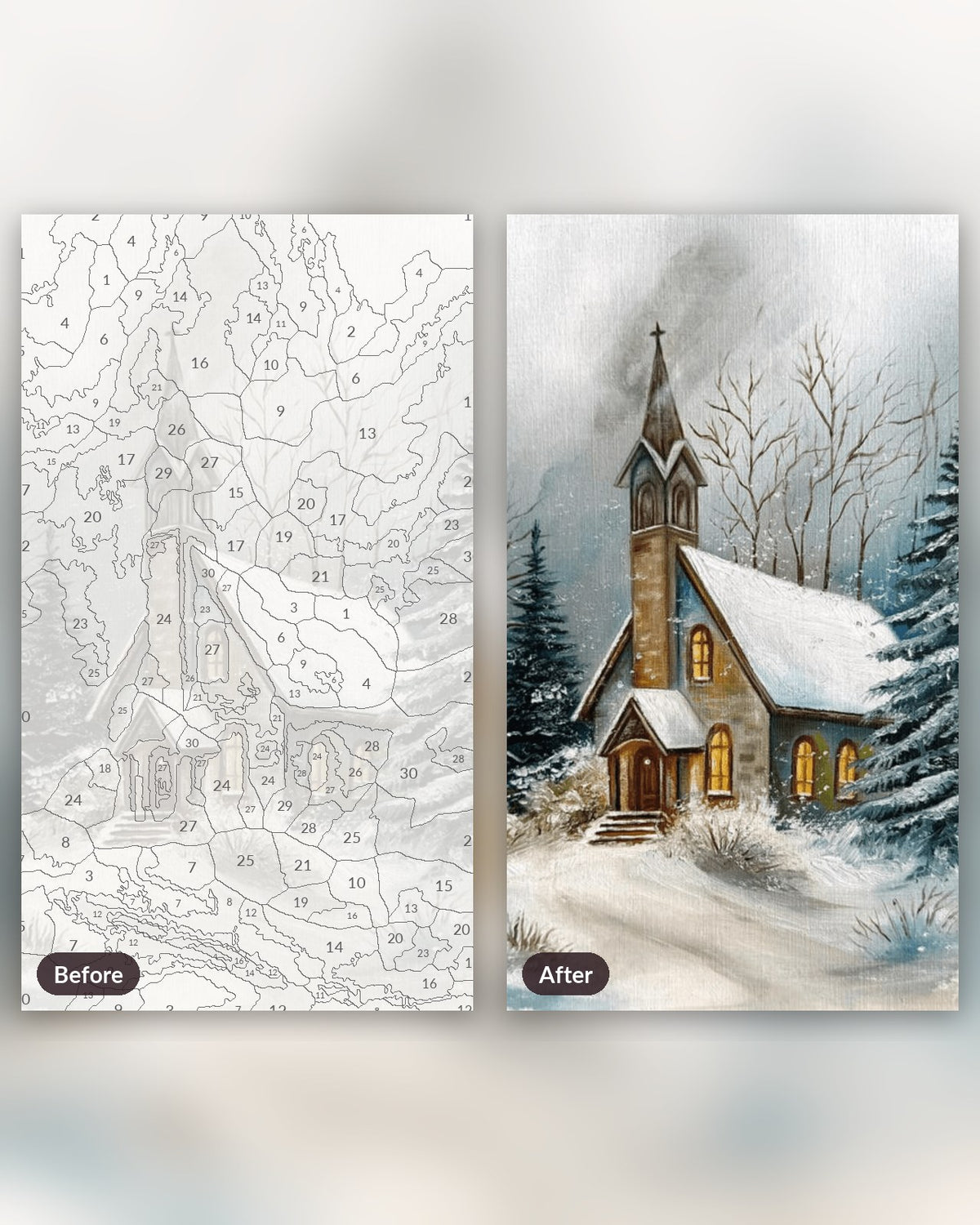 Winter Snow Landscape paint by numbers kit, before and after