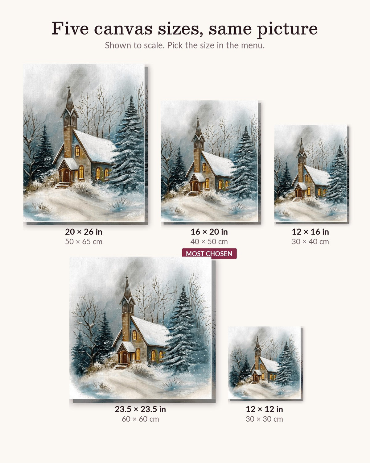 Winter Snow Landscape canvas sizes from 12 x 12 to 23.5 x 23.5 inches