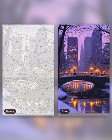 Winter Pathways paint by numbers kit, before and after