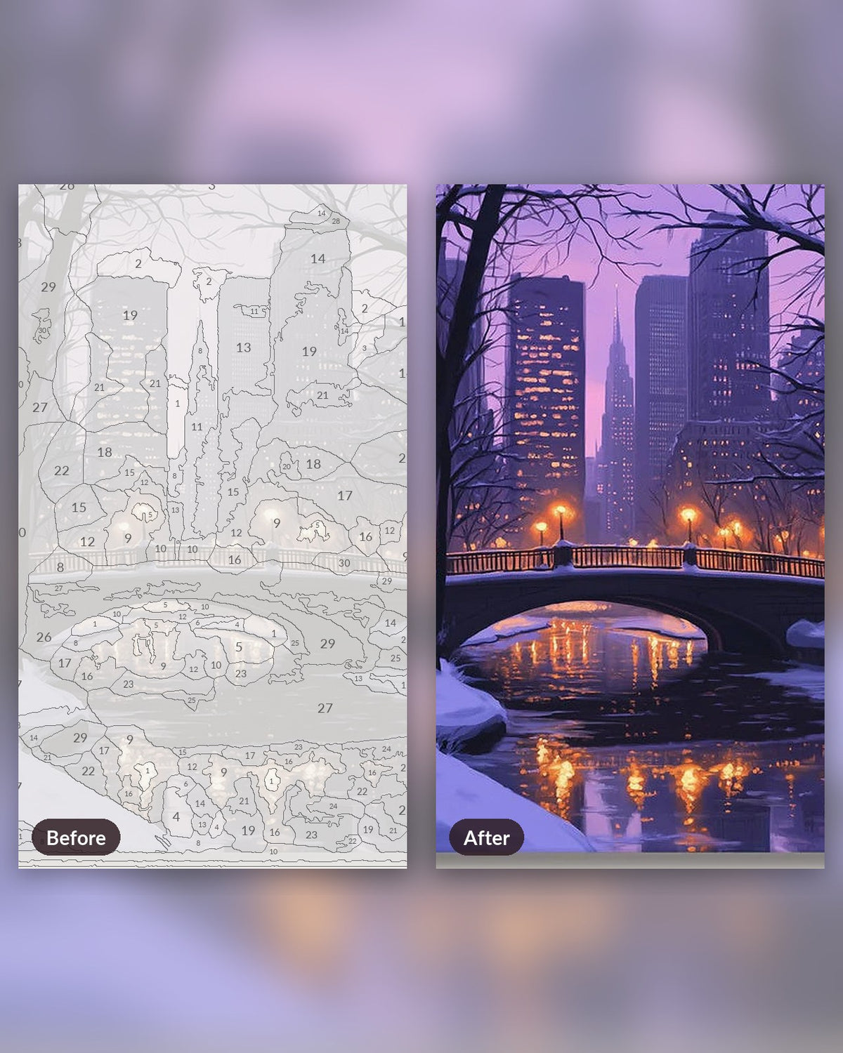 Winter Pathways paint by numbers kit, before and after