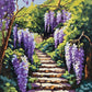 hanging purple wisteria beside sunlit stone steps in a green garden, paint by numbers kit