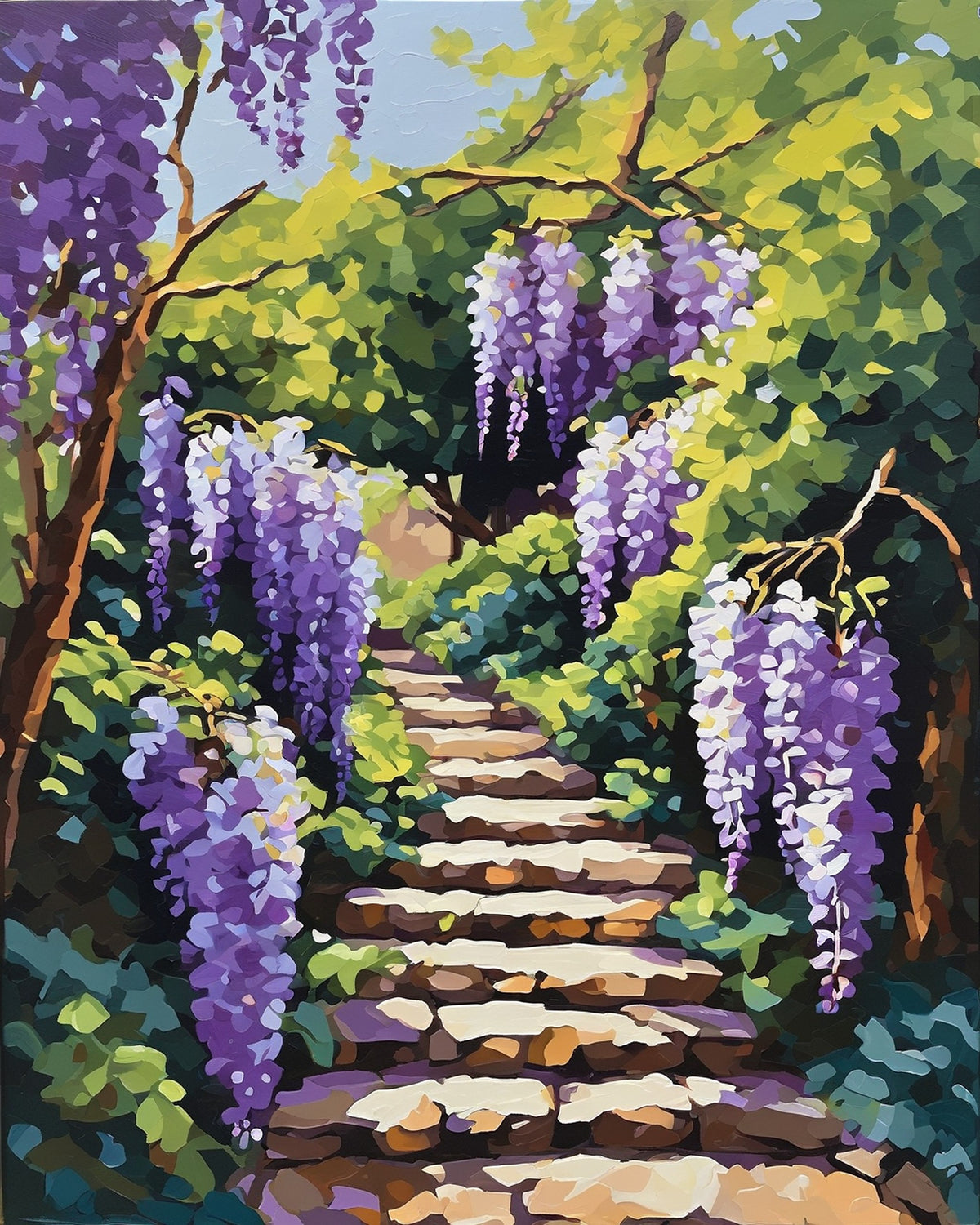 hanging purple wisteria beside sunlit stone steps in a green garden, paint by numbers kit