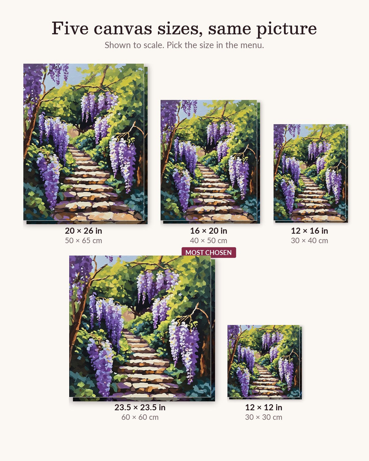 Wisteria Stone Steps canvas sizes from 12 x 12 to 23.5 x 23.5 inches