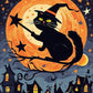 Witch Cat over the Sleeping Town paint by numbers kit, a black cat in a witch hat with a star wand before an orange full moon