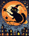 Witch Cat over the Sleeping Town paint by numbers kit, a black cat in a witch hat with a star wand before an orange full moon