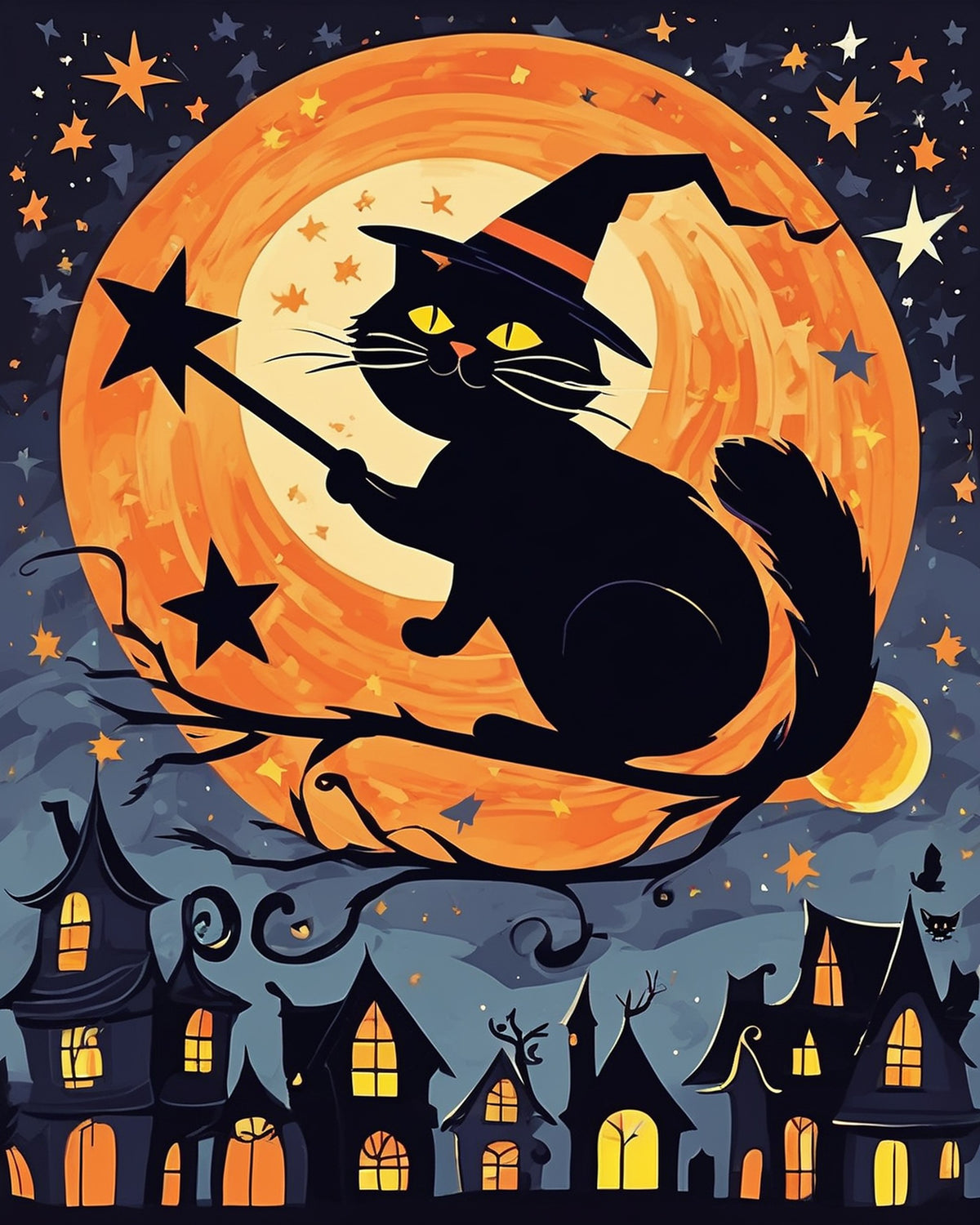 Witch Cat over the Sleeping Town paint by numbers kit, a black cat in a witch hat with a star wand before an orange full moon