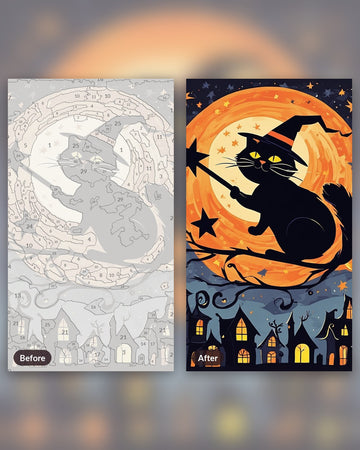 Witch Cat over the Sleeping Town paint by numbers kit, before and after
