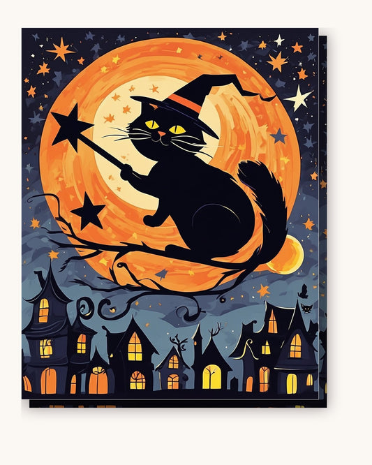 Witch Cat over the Sleeping Town paint by numbers kit on stretched canvas
