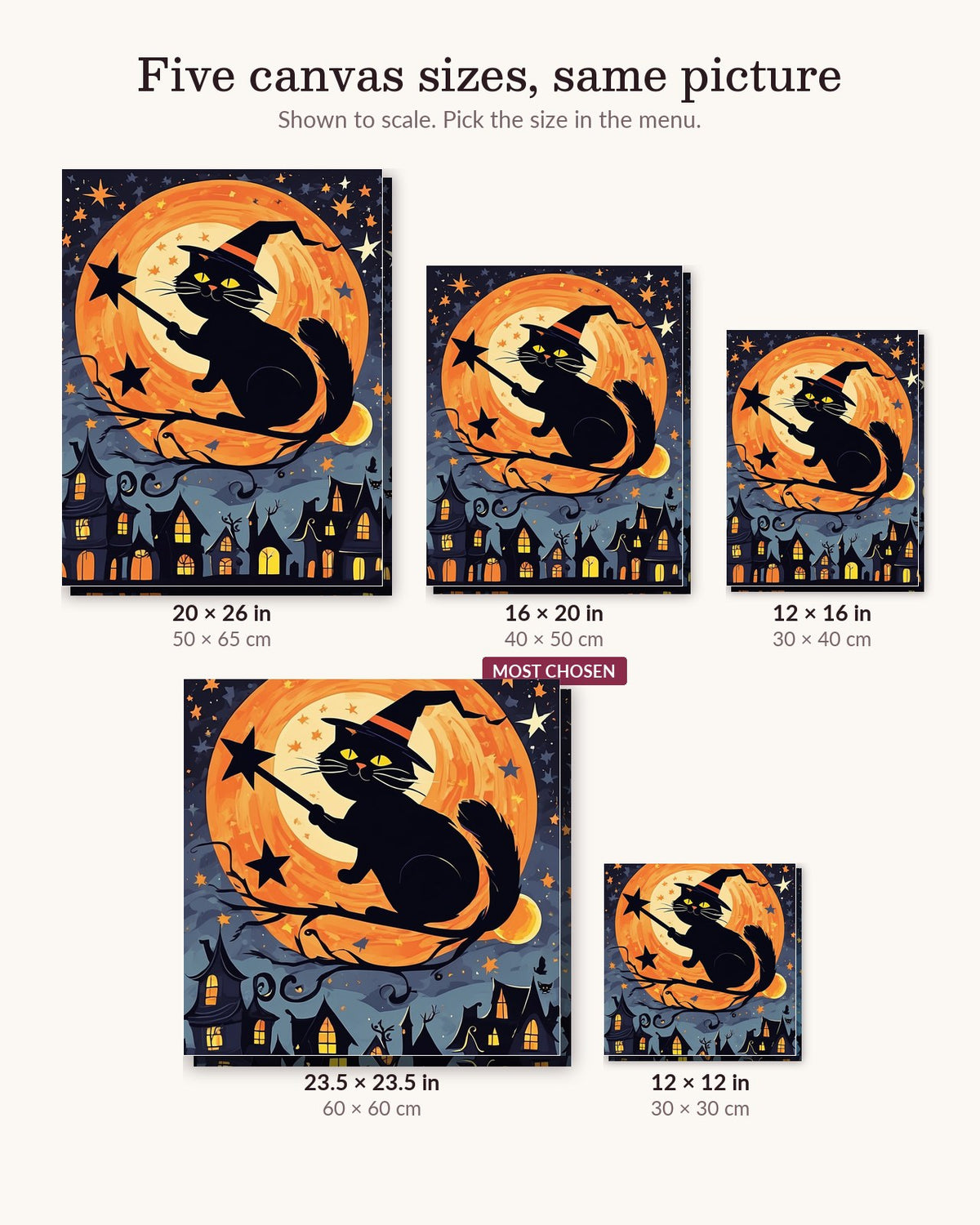 Witch Cat over the Sleeping Town canvas sizes from 12 x 12 to 23.5 x 23.5 inches