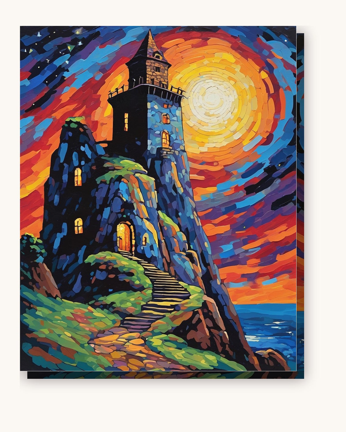 Wizard Tower Under a Glowing Moon paint by numbers kit on stretched canvas