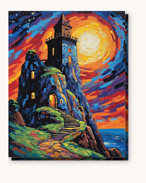 Wizard Tower Under a Glowing Moon paint by numbers kit on stretched canvas