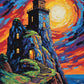 stone wizard tower on a cliff with glowing windows under a swirling orange and blue sky with a pale moon, paint by numbers kit
