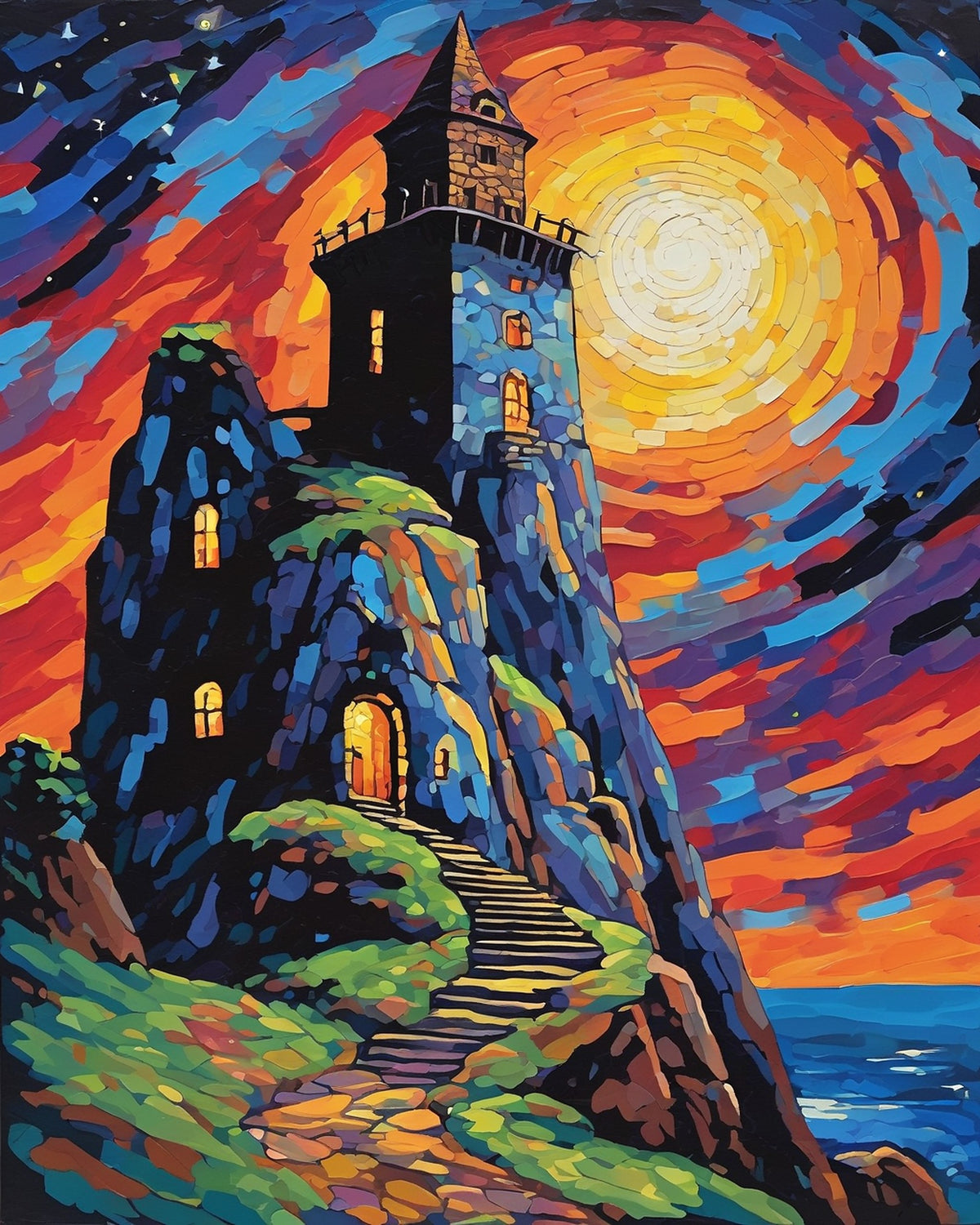 stone wizard tower on a cliff with glowing windows under a swirling orange and blue sky with a pale moon, paint by numbers kit